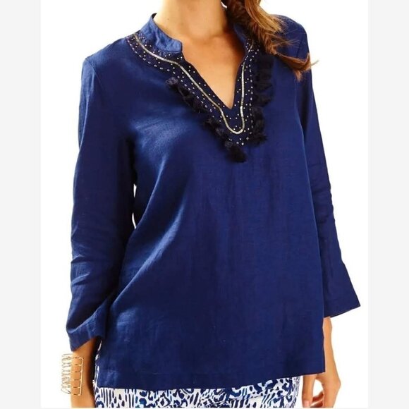 Lilly Pulitzer Amelia Island Tunic Top True Navy Women's XS Linen Fringe Preppy - Picture 1 of 13
